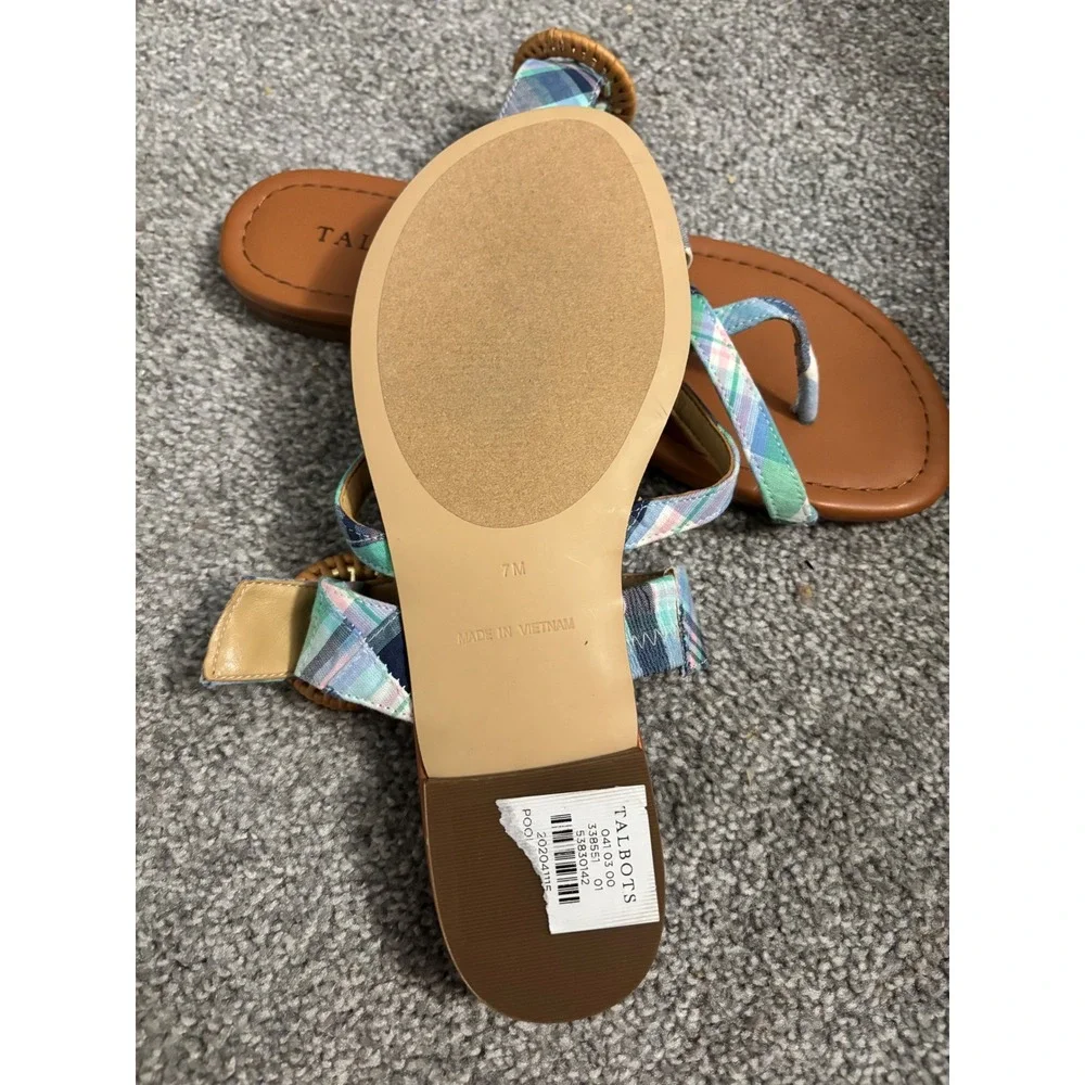 Talbots Plaid Thong Sandals Womens 7M Buckle Flat Strappy Beachy Coastal